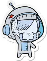 sticker of a cartoon crying astronaut girl waving goodbye png