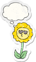 Cartoon-Blume und Gedankenblase als beunruhigter, abgenutzter Aufkleber png