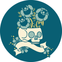 icon with banner of a skull and roses png