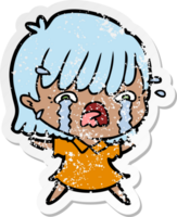 distressed sticker of a cartoon girl crying png