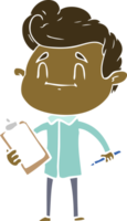 happy flat color style cartoon man with pen and clipboard png