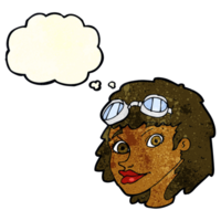 cartoon happy woman wearing aviator goggles with thought bubble png