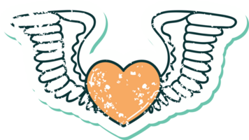 bedrövad klistermärke tatuering stil ikon av en hjärta med vingar png
