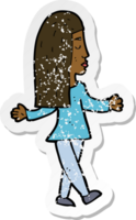 retro distressed sticker of a cartoon woman shrugging shoulders png