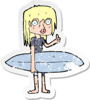 retro distressed sticker of a cartoon surfer girl png