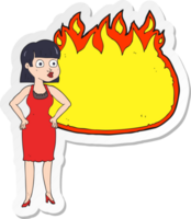 sticker of a cartoon woman in dress with hands on hips and flame banner png