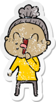 distressed sticker of a cartoon happy old woman png