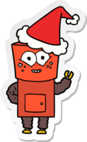 Fröhlicher Aufkleber-Cartoon eines Roboters, der hallo mit Weihnachtsmütze winkt png