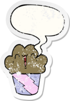 cartoon cupcake en gezicht en tekstballon verontruste sticker png