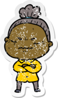 distressed sticker of a cartoon annoyed old lady png