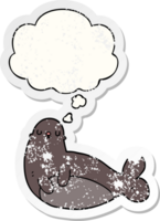 cartoon seal and thought bubble as a distressed worn sticker png