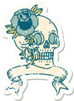 grunge sticker with banner of a skull and rose png