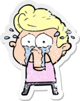 distressed sticker of a cartoon crying man png
