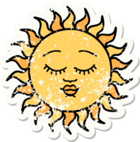 traditional distressed sticker tattoo of a sun with face png