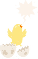 cartoon bird hatching from egg and speech bubble in retro style png