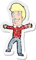 retro distressed sticker of a cartoon happy man png