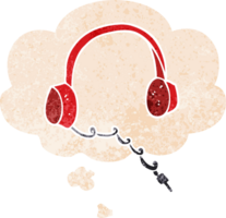 cartoon headphones and thought bubble in retro textured style png