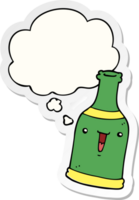 botella de cerveza de dibujos animados y burbuja de pensamiento como pegatina impresa png