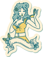 tattoo style sticker of a pinup surprised girl with banner png