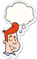cartoon happy man and thought bubble as a printed sticker png