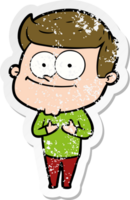 distressed sticker of a cartoon smiling man png