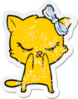 distressed sticker of a cute cartoon cat with bow png