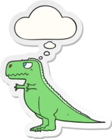 cartoon dinosaurus en gedachte bel als een gedrukte sticker png