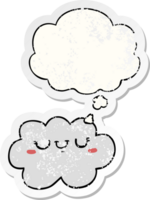 linda nube de dibujos animados y burbuja de pensamiento como una pegatina desgastada angustiada png