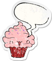 cute cartoon frosted cupcake and speech bubble distressed sticker png