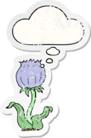 cartoon wild flower and thought bubble as a distressed worn sticker png