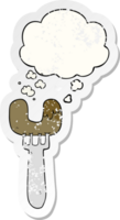 cartoon sausage on fork and thought bubble as a distressed worn sticker png