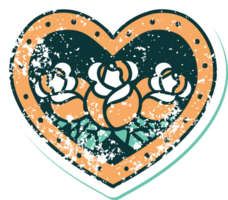 distressed sticker tattoo style icon of a heart and flowers png