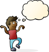 cartoon happy man doing funny dance with thought bubble png