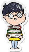 verontruste sticker van een cartoon-nerdjongen met bril en boek png