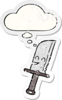 cartoon knife and thought bubble as a distressed worn sticker png