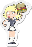 retro distressed sticker of a cartoon waitress with burger png
