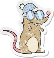 Retro-Distressed-Aufkleber einer Cartoon-Maus mit Brille und Hut png