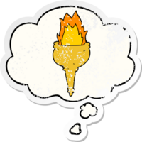 cartoon flaming torch and thought bubble as a distressed worn sticker png