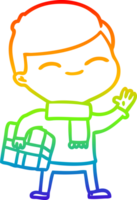 rainbow gradient line drawing cartoon smiling boy with gift png