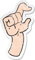 retro bedrövad klistermärke av en tecknad serie hand framställning litenhet gest png
