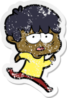 distressed sticker of a cartoon exhausted boy png