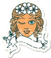 grunge sticker with banner of a maidens face winking png