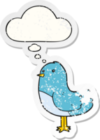 oiseau de dessin animé et bulle de pensée comme un autocollant usé en détresse png