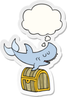 cartoon shark swimming over treasure chest and thought bubble as a printed sticker png