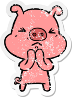 autocollant en détresse d'un cochon grincheux de dessin animé png