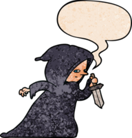 cartoon assassin in dark robe and speech bubble in retro texture style png