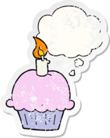 cartoon birthday cupcake and thought bubble as a distressed worn sticker png