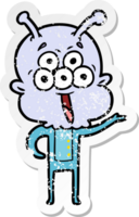 distressed sticker of a happy cartoon alien greeting png