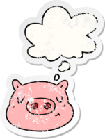 cartoon pig face and thought bubble as a distressed worn sticker png