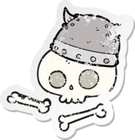 retro distressed sticker of a cartoon viking helmet on skull png